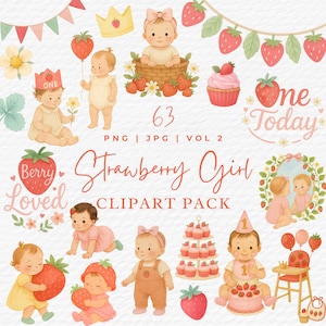Erdbeer Mädchen Clip Art Baby Shower, Aquarell Beere Sweet One Birthday Party Zitate Clipart Illustration, digitaler Download Kommerzielle Nutzung