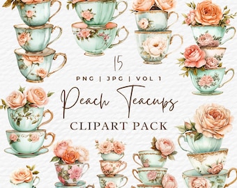 Clipart di tazze da tè vintage: pila di fiori ad acquerello (download digitale, file PNG/JPEG per uso commerciale)