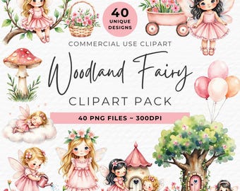 Watercolor Pink Fairy Clipart Bundle, Woodland Illustrations (Digital Download)