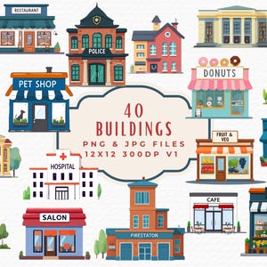 Puede incluir: Ilustración digital con 40 gráficos de edificios, incluyendo un restaurante, una estación de policía, un banco, una tienda de mascotas, una biblioteca, un hospital, un salón de belleza, una estación de bomberos, una tienda de donuts y una floristería. Incluye el texto "40 BUILDINGS".