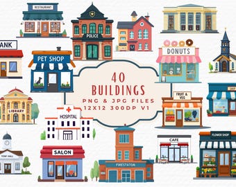 Community Buildings Clipart Set, School, Hospital, Police (Digital Download)