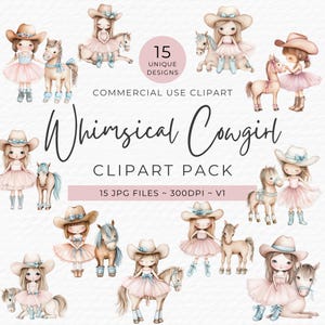 Whimsical Cowgirl Clipart – 15 JPG Watercolor Illustrations with Horse – Cute Pink Western Art for Cards, Scrapbooks, Wall Prints, Crafts