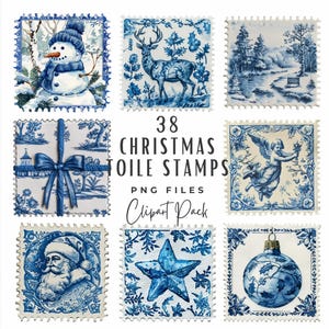 Pakiet świątecznych clipartów Toile, 38 Vintage Chinoiserie Blue Holiday French Toile De Jouy Cyfrowe znaczki papierowe Clipart PNG, cyfrowe pobieranie