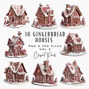Gingerbread House Clipart Bundle, 16 Watercolor Christmas Ginger Bread Cookie House Clip Art, Digital Download, Christmas Card Clipart Pack