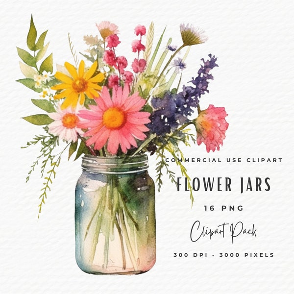 Flower Mason Jar Clipart Bundle, Commercial Use Watercolor Floral Clipart PNG JPEG, Digital Download, Mason Jar Junk Journals Flowers Decor