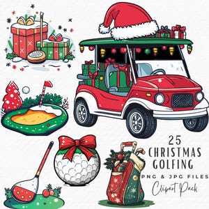 クリスマス ゴルフ カート クリップアート バンドル、25 枚の水彩画のお祝いゴルフ クリップアート PNG、ゴルファーへの昇華ギフト、デジタル ダウンロード商用利用