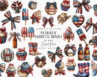 4th of July Coquette Clipart Bundle, Girly Patriotic PNG JPG (Digital Download)