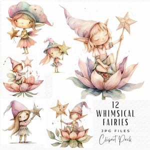Magische Fee Mädchen rosa Clipart Bundle, Aquarell niedlich Fantasy Garten Märchen wunderliche Clipart PNG JPG, digitaler Download kommerzielle Nutzung