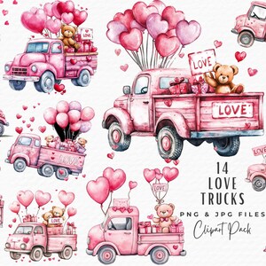 Valentine Truck Clipart, Watercolor Valentines Day Pink Love Heart Truck PNG JPG Clipart Bundle, Digital Download Commercial Use Paper Craft