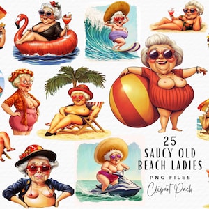 Vieille dame coquine plage Clipart, clipart mamie joyeuse grossière, drôle de femme âgée senior humoristique plage amusant Nanna Clipart, téléchargement numérique
