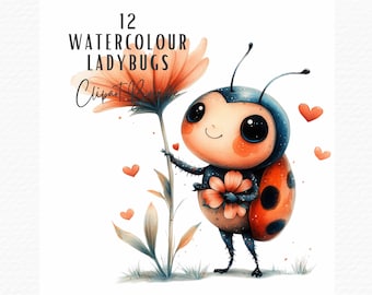 Watercolor Ladybugs and Hearts Clipart Bundle (Digital Download)