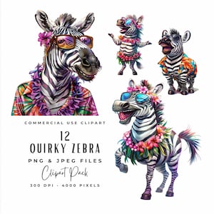 Quirky Zebra Clipart Bundle | Funny Safari Animal PNG JPEG Clip Art | Watercolor Whimsical Hawaii Vacation Zebra Clipart | Digital Download