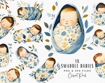 Watercolor Swaddle Babies Clipart: Newborn PNG, JPG (Digital Download)