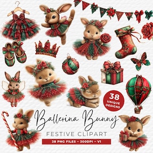 Puede incluir: Una colección de imágenes prediseñadas festivas de conejitos bailarinas en rojo, verde y blanco. La imagen incluye conejitos con tutús, un vestido, zapatillas de ballet, una corona, adornos, un calcetín, un regalo, un globo aerostático y un bastón de caramelo. El texto dice "Ballerina Bunny Festive Clipart".