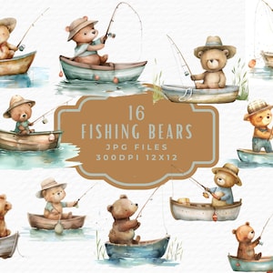 Fishing Bear Clipart, 16 Cute Whimsical Watercolor Teddy Bear Fishing Clipart, Digital Download Commercial Use, Nursery Decor Scrapbook Art