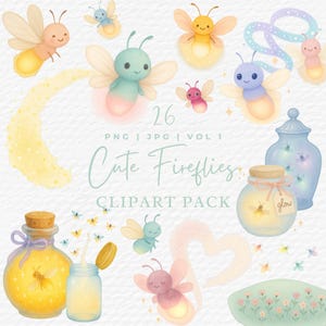 Lightning Bug Clipart, Watercolor Cute Firefly Jar Clip Art, Glowing Insect PNG JPG, Commercial Use Digital Download for Crafts and Projects
