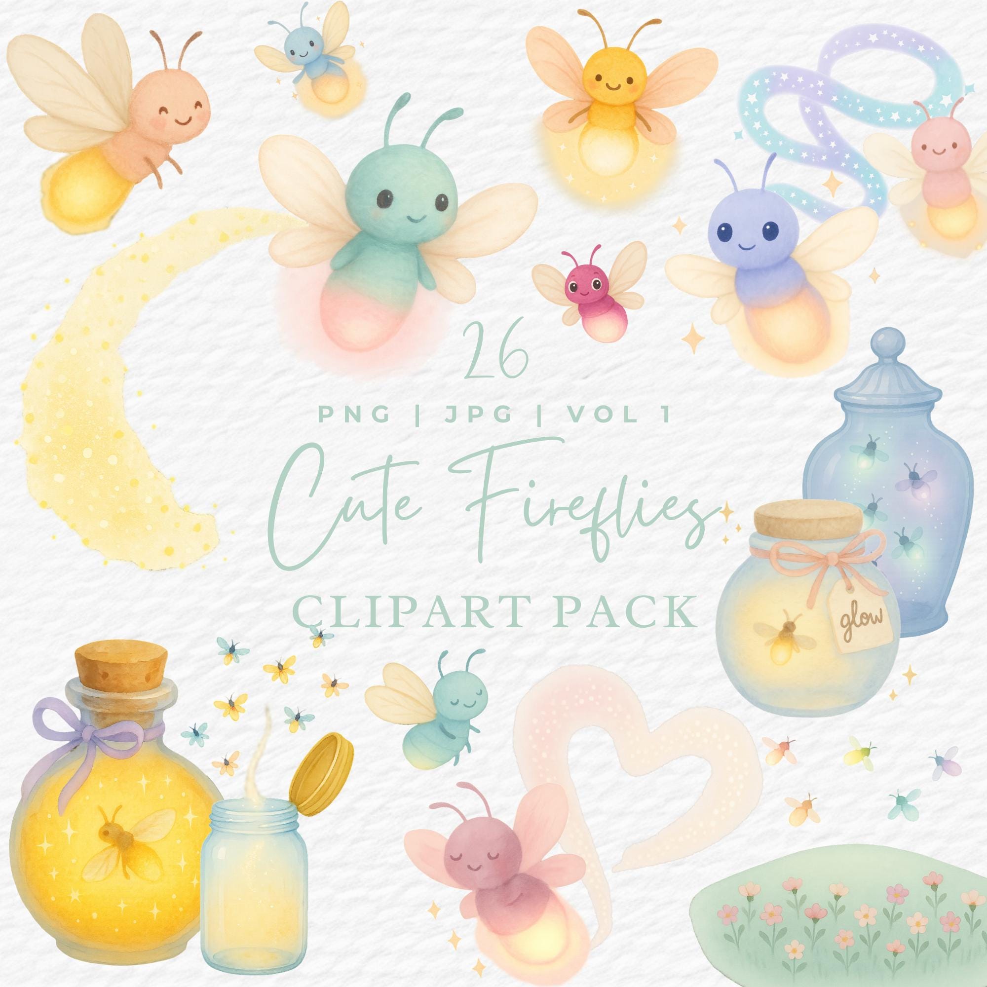 Lightning Bug Clipart, Watercolor Cute Firefly Jar Clip Art, Glowing Insect PNG JPG, Commercial Use Digital Download for Crafts and Projects