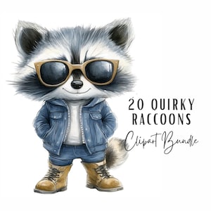 Lot de 20 cliparts raton laveur original, 20 aquarelle mignon raton laveur rétro tendance Illustration Clipart dessins JPG, téléchargement numérique, usage Commercial