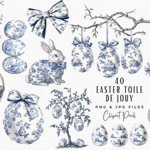 Bundle de cliparts toile de Pâques, 40 Clipart printemps aquarelle toile de Jouy bleu et blanc, téléchargement numérique, clipart de jolies chinoiseries de Pâques