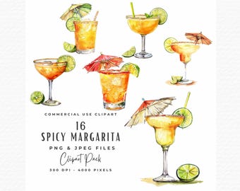 Spicy Margarita Clipart Bundle | 16 Watercolor Signature Cocktail Glass Clip Art JPEG PNG Digital Download | Drink Illustration Clipart