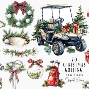 Pacchetto di clipart di carrelli da golf di Natale, 70 clipart di golf festivo ad acquerello JPG, regalo di sublimazione per golfisti, download digitale per uso commerciale