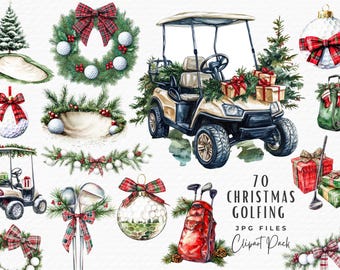 Christmas Golf Cart Clipart Bundle, 70 Watercolor Festive Golfing Clipart JPG, Sublimation Gift for Golfer, Digital Download Commercial Use