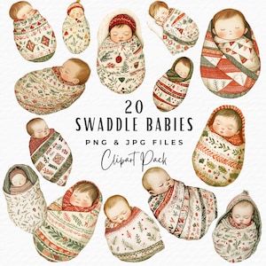 Clipart de bebés envueltos, 20 imágenes prediseñadas de bebé recién nacido niño niña de Navidad, imágenes prediseñadas de regalo imprimibles para baby shower con anuncio de nacimiento, descarga digital