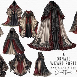 May include: A set of 16 digital illustrations of ornate wizard robes in various colors and styles. The robes are decorated with lace, embroidery, and other details. The text "16 Ornate Wizard Robes PNG & JPG Files Clipart Pack" is at the bottom of the image.