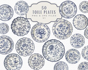 May include: 50 Toile Plates PMG & JPG Files V1. A collection of 50 digital images of blue and white toile plates with various floral and bird designs.