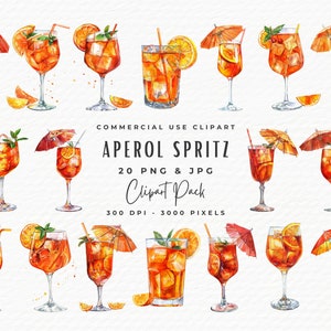 20 Clipart Bundle di acquerelli Aperol Spritz / Download digitale PNG JPEG / Pacchetto di clipart di bevande alcoliche con firma di cocktail estivo arancione