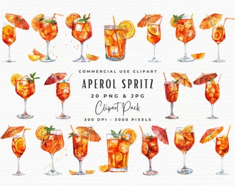 20 Watercolor Aperol Spritz Clipart Bundle | Digital Download PNG JPEG | Orange Summer Cocktail Party Signature Alcohol Drink Clipart Pack