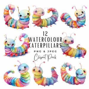 Watercolor Caterpillar Clipart, Cute Nature Rainbow Insect Bug Clipart, Digital Download Commercial Use Junk Journal Scrapbooking Invitation