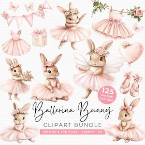 Ballerina konijntje clipart aquarel png, ballet konijn kinderkamer en babyshower graphics
