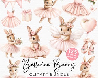 Clipart di coniglietti ballerini in acquerello PNG, grafica per baby shower e camerette di coniglietti ballerini