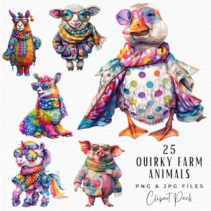 Bundle original de cliparts animaux de la ferme, 25 cliparts aquarelle lunatique drôle de poulet mouton cheval, téléchargement numérique, Junk Journal technique mixte PNG