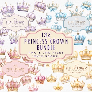 Tiara Crown Clipart Bundle, 132 Watercolor Princess Royal Crown Clipart, Digital Download Commercial Use, Magical Fairytale Girly Aesthetic