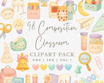 May include: A collection of watercolor-style classroom-themed clip art. Includes a rainbow, globe, star, pencil, open book, and other school supplies. The text "98 Composition Classroom" is displayed in the center, with "CLIPART PACK" below.