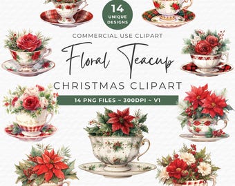 Christmas Floral Teacup Clipart, Watercolor PNG (Digital Download)