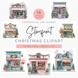 Christmas Storefront Clipart Bundle | 16 Cute Winter Christmas Shop Clip Art JPG  | Digital Download | Digital Paper Christmas Store Décor