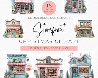 Christmas Storefront Clipart Bundle | 16 Cute Winter Christmas Shop Clip Art JPG  | Digital Download | Digital Paper Christmas Store Décor