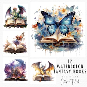 Magical Fantasy Books Clipart, 12 Vintage Watercolor Magic Mystical  Fairytale Open Book Reading Clipart, Digital Download Commercial Use