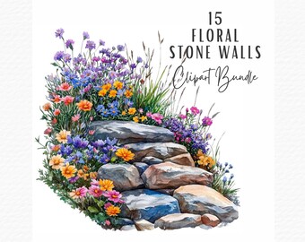 Clipart de parede de pedra com flores silvestres em aquarela, imagens para scrapbook de jardim (download digital)