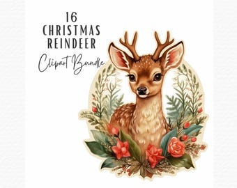 Paquete de imágenes prediseñadas de renos navideños en acuarela (descarga digital)
