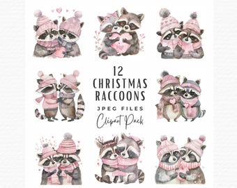 Watercolor Christmas Raccoon Clipart | Winter Holiday JPG (Digital Download)