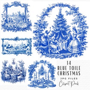 Clipart de toile navideño, 14 imágenes prediseñadas de chinoiserie azul y blanco para fiestas navideñas vintage, imágenes prediseñadas de tarjetas navideñas de papel digital efímera