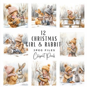 Paquete de imágenes prediseñadas de conejo navideño en acuarela y niña caprichosa, imágenes prediseñadas de conejito de bosque de vacaciones de invierno caprichosas, descarga digital para uso comercial