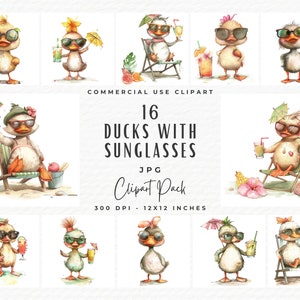 Pacchetto Clipart di anatra con occhiali da sole, download digitale di anatra JPG divertente e stravagante ad acquerello, pacchetto Clipart di uccello con sedia a sdraio e cocktail in vacanza