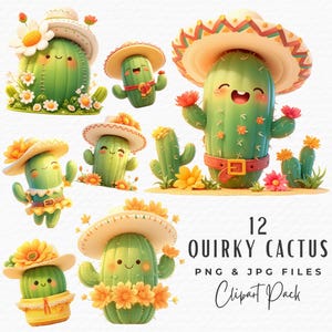 Paquete de imágenes prediseñadas de cactus divertidos, 12 ilustraciones de sublimación de cactus extravagantes y lindos en acuarela PNG, descarga digital para uso comercial