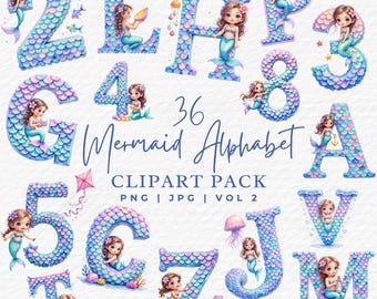 Aquarell Meerjungfrau Alphabet Clipart: Unter dem Meer Buchstaben & Zahlen (Digitaler Download PNG/JPG)