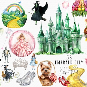 Emerald City Clipart Bundle, 58 acquerello Wizard of Oz Wicked Clipart JPEG Digital Download, Mattoni gialli, Scarpette rosse da strada, Strega cattiva